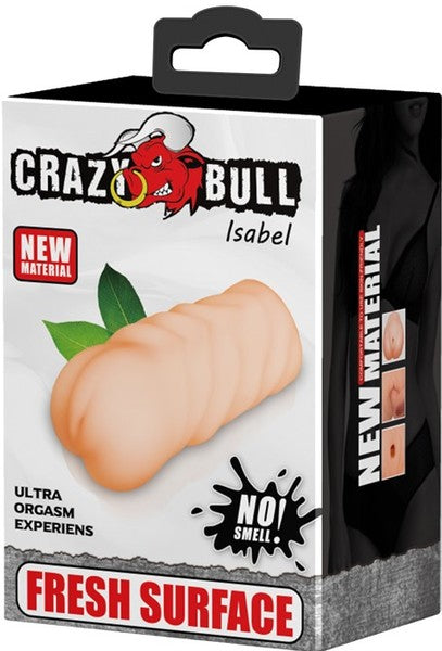 The product image shows the packaging of the Crazy Bull Isabel Masturbator. The box is predominantly black with a product window displaying a realistic textured sleeve.