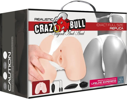 The image shows the packaging of a realistic male sex toy that mimics the female genitalia. The box displays a clear window allowing a view of the product inside, which is designed for simulating vaginal and anal stimulation.