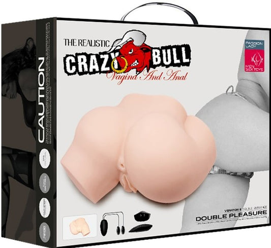 The product image shows the packaging of the Crazy Bull Double Pleasure Vagina and Anal Stimulator. The box features a realistic depiction of the adult toy, highlighting its dual-entry design and soft material.