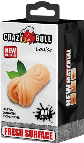 The product packaging shows the Crazy Bull Louise Masturbator, which is designed to resemble a female genitalia. It is packaged in a black box with the product name and brand prominently displayed.