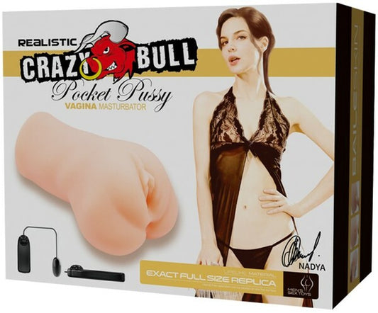 The product image shows the packaging of the Crazy Bull Vibrating Pocket Pussy, with an image of a woman on the front and the sleeve itself along with a vibrating bullet and lubricant.