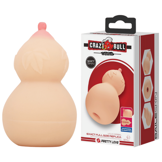 A flesh-colored male masturbator designed to resemble a calabash gourd, along with its packaging that indicates it's the 'Pretty Love Calabash' from Crazy Bull. The box shows the product and its name, highlighting its ergonomic breast shape top.
