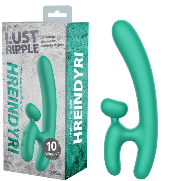 A teal-colored vibrator with a unique dual motor design for G-spot and clitoral stimulation. The product is shown alongside its packaging, highlighting its 10 vibration modes.