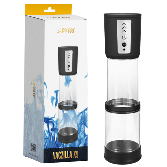The product image shows the LaViva Vaczilla X9 USB Electronic Foldable Penis Pump. It includes the pump itself, which is predominantly clear with black controllers and pressure adjustment knobs, and the product packaging box which has 'LaViva' branding and 'VACZILLA X9' text.