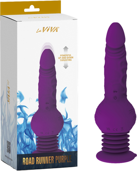 A purple, ergonomically designed vibrator with ribbed texture, shown alongside its packaging box which highlights its features like vibration, rotation, and thrusting. The box also displays the brand name 'LaViva'.