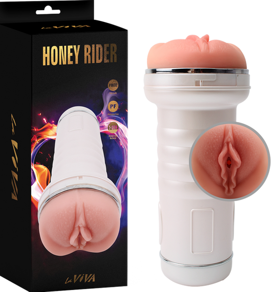 The image shows the LaViva Honey Rider Masturbator, a cylindrical device with a realistic flesh-colored vaginal opening. The product is displayed both inside and outside of its packaging.