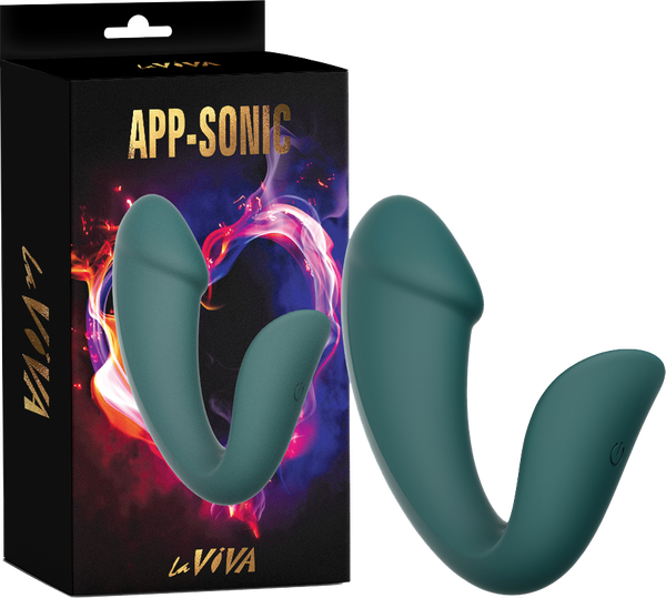 A waterproof vibrator with a sleek, curved design shown alongside its packaging which highlights the app-sonic feature and 10 modes.