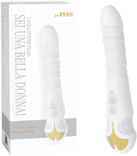 A white and gold vibrator with a curved design, shown both inside its packaging and separately. The packaging highlights its 10 vibrating modes, waterproof feature, and rechargeable convenience.