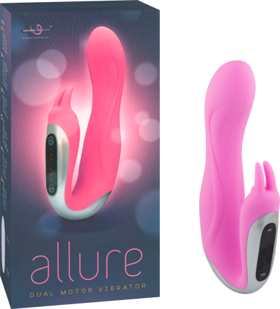 The product image shows a pink dual-motor vibrator with a curved design and a small motorized ear-like structure, alongside its packaging which reads 'Allure Dual Motor Vibrator'.