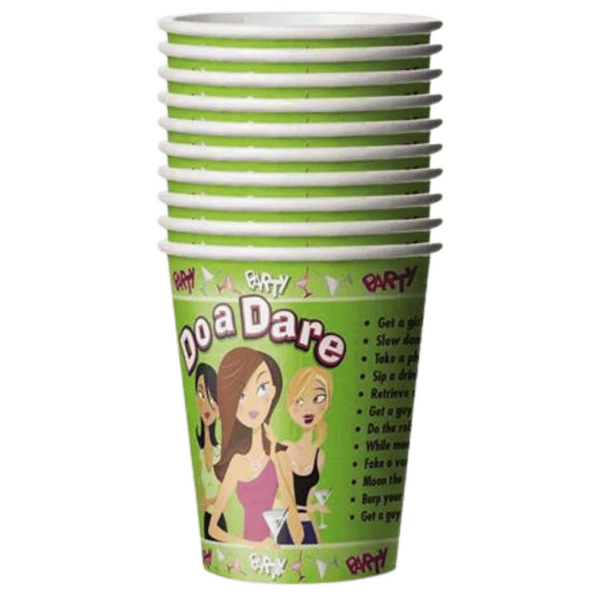 A stack of green paper cups with text and graphic designs indicating they are themed 'BoaDare' for a party game.
