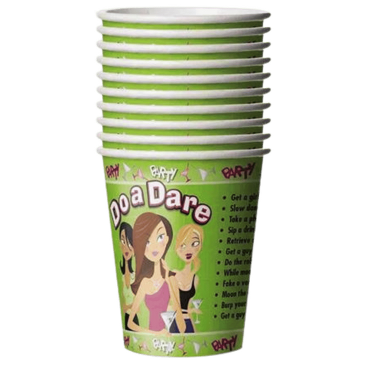 A stack of green paper cups with text and graphic designs indicating they are themed 'BoaDare' for a party game.