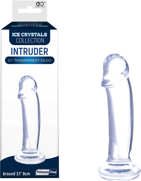 A clear, realistic 3-inch dildo from the Ice Crystals Collection. The product is shown both inside and outside its packaging, displaying its transparent appearance and detailed design.