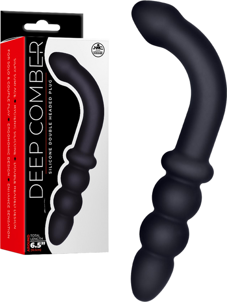 A black, double-headed sex toy with a ribbed and probe-like design. The product is shown both in and out of its packaging, highlighting its features and length.