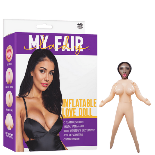 The product image shows a box packaging with a picture of a woman on it and the name 'MY FAIR LADY'. There is also an inflatable doll displayed in front of the box, standing upright, with notable features such as breasts and nipples.