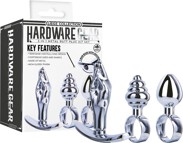 Excellent Power Metal Butt Plug Kit Set 3 in 1 T-Bar Base Pull Ring Design
