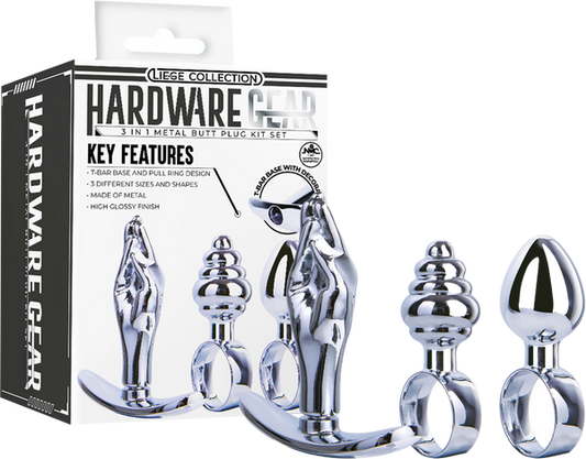 Excellent Power Metal Butt Plug Kit Set 3 in 1 T-Bar Base Pull Ring Design