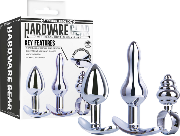 Excellent Power Metal Butt Plug Kit T-Bar Base Pull Ring Design 3 Sizes 3 Shapes