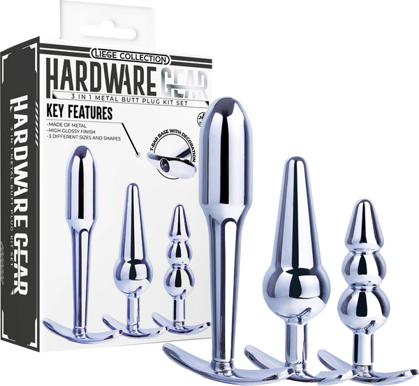 Excellent Power 3 in 1 Metal Butt Plug Kit Set T-Bar Base Pull Ring Design 3 Sizes and Shapes