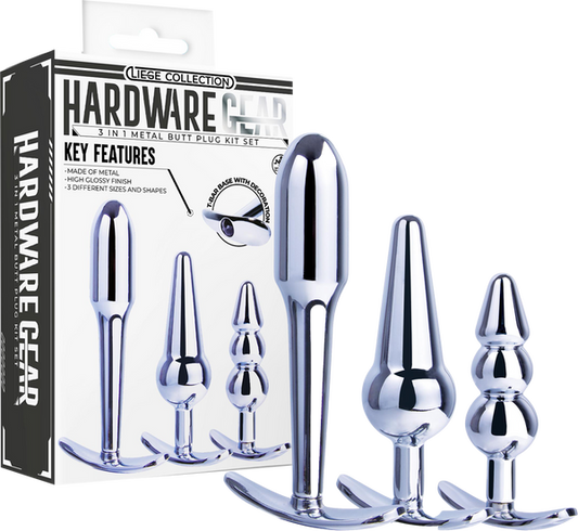 Excellent Power 3 in 1 Metal Butt Plug Kit Set T-Bar Base Pull Ring Design 3 Sizes and Shapes