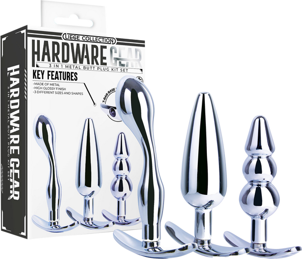 Excellent Power 3 in 1 Metal Butt Plug Kit Set T-Bar base Pull Ring Design 3 Sizes and Shapes