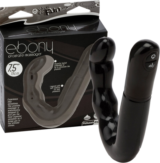 A black prostate massager with a curved design and a bullet tip. The product is shown alongside its packaging which highlights features such as '7.