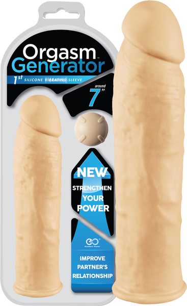 A flesh-colored 7-inch orgasm generator sleeve with a black tip, displayed in packaging that highlights its features and benefits for adult use.