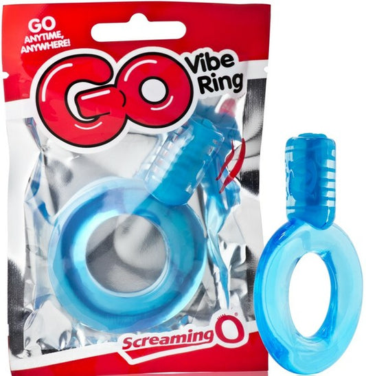 The image shows the Screaming O GO Vibe Ring in blue color, along with its packaging. The ring is designed for vibrations, and the packaging highlights its disposable nature and powerful motor.