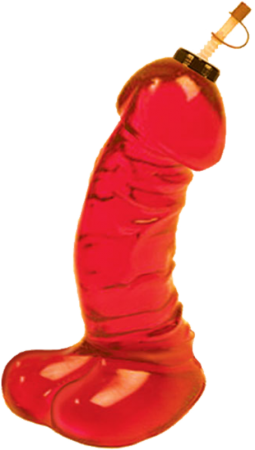 A red, penis-shaped sports bottle with a 16 ounce capacity, featuring a narrow neck and a flared base, designed for novelty purposes.