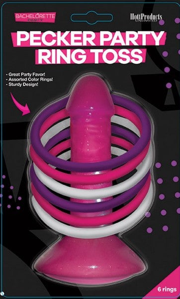The product image shows a Pecker Party Ring Toss game, which includes a pink and purple pecker figure with suction cups and six assorted color rings for tossing.