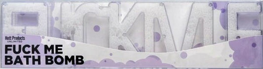This image features an adult-themed bath bomb from the brand Hott Products Unlimited. The bath bomb is presented in a bold, eye-catching design with the words "FUCK ME" prominently displayed in large, white letters against a textured, purple background.
