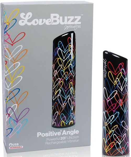 The product image shows the packaging and the vibrator itself. The packaging is predominantly gray with multicolored heart patterns and features the text 'LoveBuzz Positive Angle'.