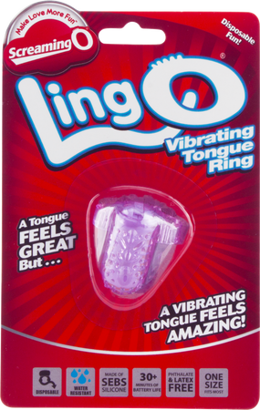 The product image shows the packaging of the Screaming O Ling O Vibrating Tongue Ring. The packaging is predominantly red with the product visible through a clear plastic window.