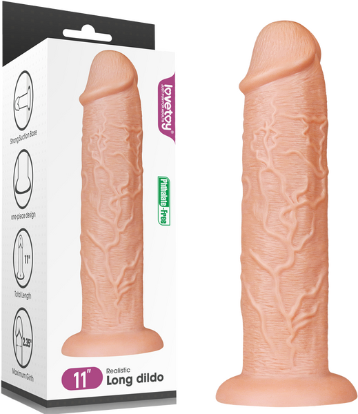 A realistic, flesh-colored dildo with prominent veins, displayed alongside its packaging. The packaging highlights the product's length of 11 inches.