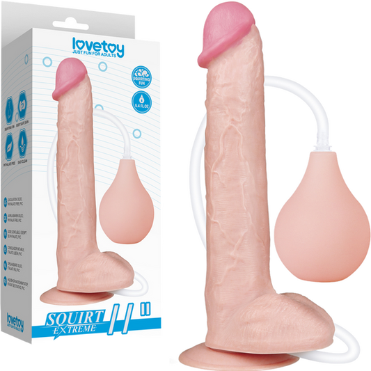 A realistic pink dildo with a detailed texture, a large bulbous base for holding liquid, and an attached white suction cup. The product is shown alongside its packaging.