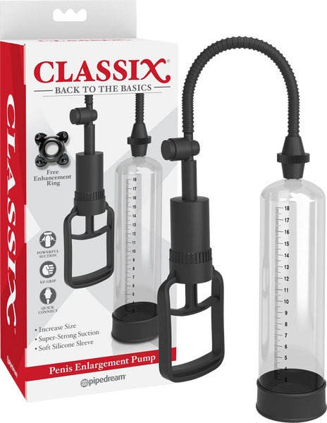 The image shows the Pipedream Penis Enlargement Pump product packaging and the pump itself. The packaging is predominantly white with red accents, and the product is displayed clearly within it.