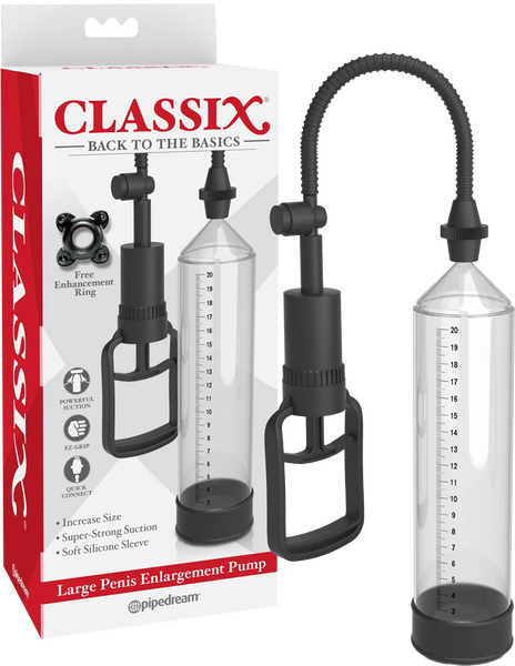 The product image shows the packaging and the device itself, which includes a clear vacuum tube, a black pump handle, and a silicone sleeve. The packaging has measurements and includes accessories like an enhancement ring.