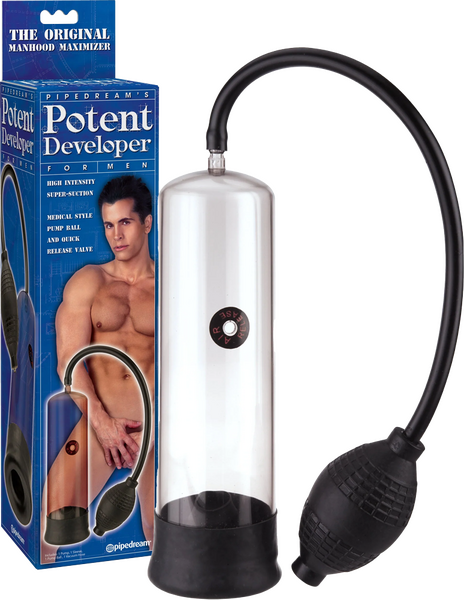 A product image showing the Pipedream Potent Developer Pump, which includes a clear cylinder and a black medical-style pump ball. The packaging displays a man with a confident posture, suggesting the product's benefits.