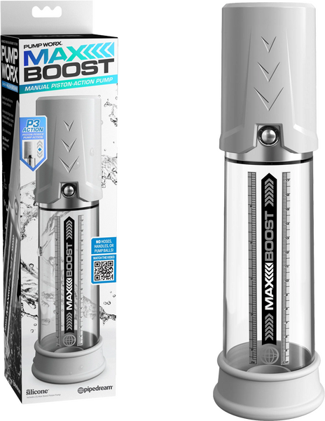 The product image shows the Pipedream Max Boost Penis Pump in white and clear colors. The pump has a cylindrical design with measurement markings on the tube and a grey pump head.