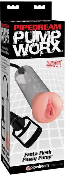 The product is packaged in a box showing a vacuum pump with a lifelike pink Fanta Flesh pussy at one end and a black EZ-grip handle at the other.