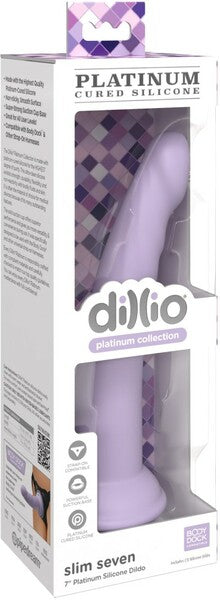 The product image shows the packaging of the Pipedream Dillio® Platinum Collection Slim Seven with a suction cup base. The box is predominantly purple and white with the product visible through a transparent window.