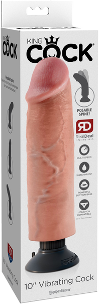 A realistic-looking vibrating cock with a suction cup base. It is pink in color with detailed veins and texture along the shaft.