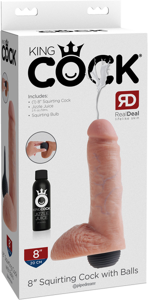 The image shows the packaging of the King Cock Squirter, an 8-inch realistic-looking dildo with balls. The box highlights the product's features, including its hand-sculpted detail and the exclusive Jizzle Juice squeeze-bulb for squirting.