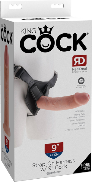 The image shows the packaging of the Pipedream Strap On Harness with a 9" cock. The box features the King Cock logo and displays the harness with a realistic fake cock attached to it.