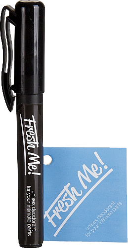 A black pen-shaped dispenser with white text labeling, alongside a blue box with matching labeling.