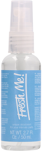 A clear spray bottle labeled 'Fresh Me! 50ml Unisex intimate deodorant for you intimate parts', predominantly in shades of blue and white.