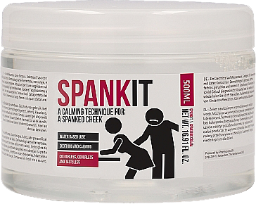 The image displays a product container labeled "SPANKIT A Calming Technique For A Spanked Cheek - 500ml". The packaging is predominantly white with red and black text and graphics.