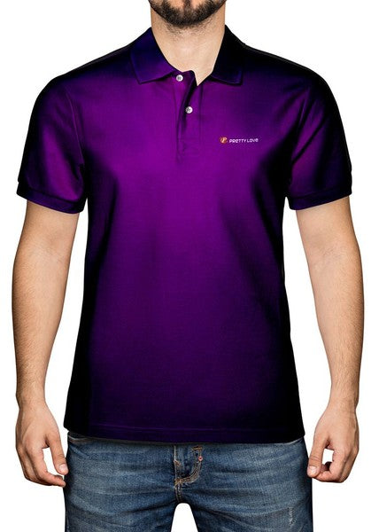A person wearing a purple Pretty Love polo shirt, front view.