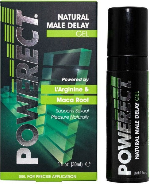 The image shows the packaging and bottle of Creative Conceptions Powerect Natural Delay Gel. The box is predominantly green and black with product information, while the bottle is black with a pump dispenser and labeled with the product name and key ingredients.