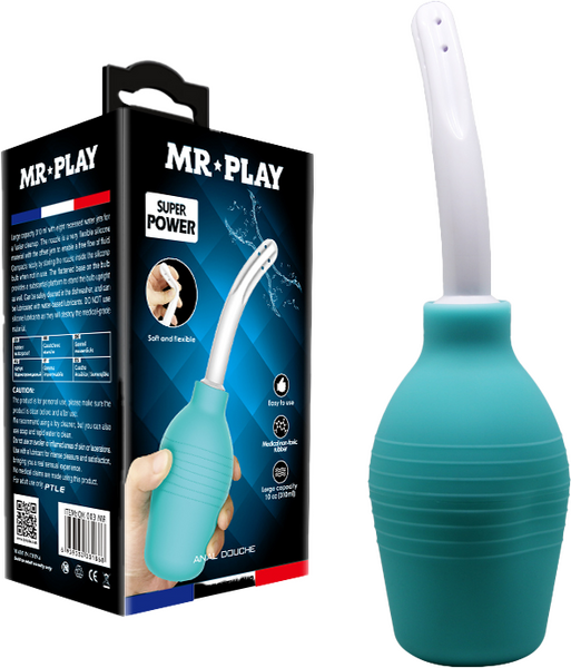 The product image shows a turquoise anal douche with a box packaging. The box has images and text describing the product's use and features.