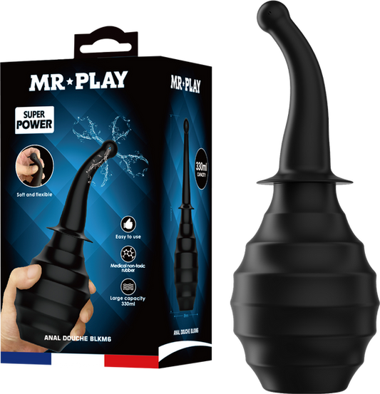 The image shows a black anal douche from the brand MR PLAY. The product is displayed both in its packaging and separately.